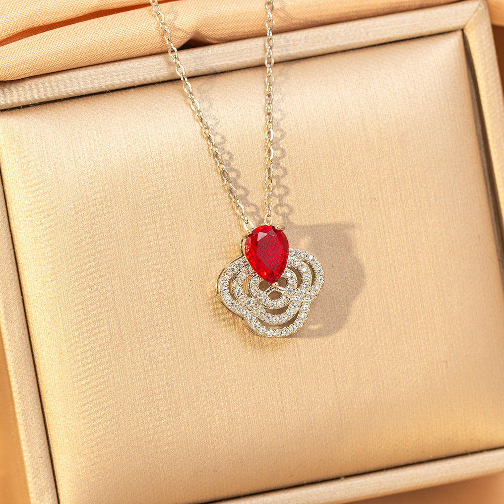 【titanium steel】copper inlaid zircon light luxury new style ruby necklace women's high-end fashion versatile elegant sweater chain jewelry