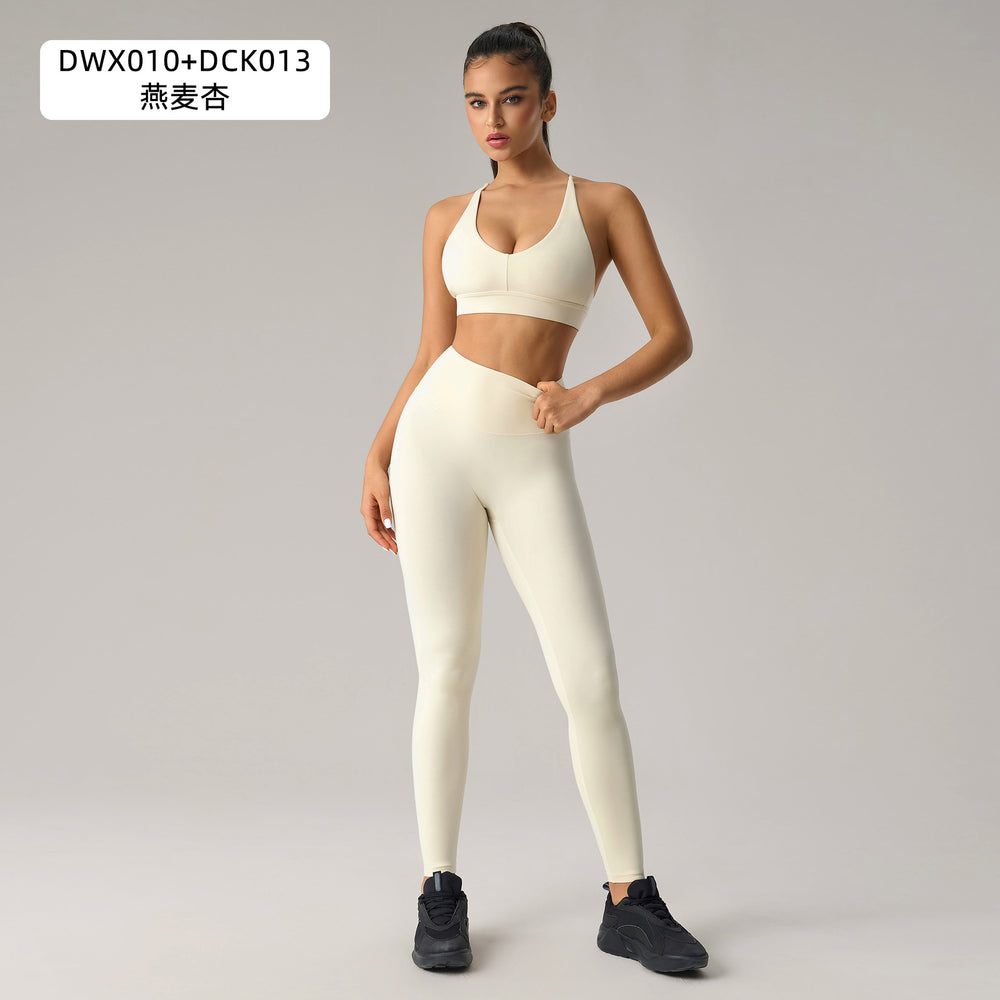 European and american style women's yoga outfit set: push-up sports bra with beautiful back design, barely-there feel, high-waisted peach lift leggings, two-piece set