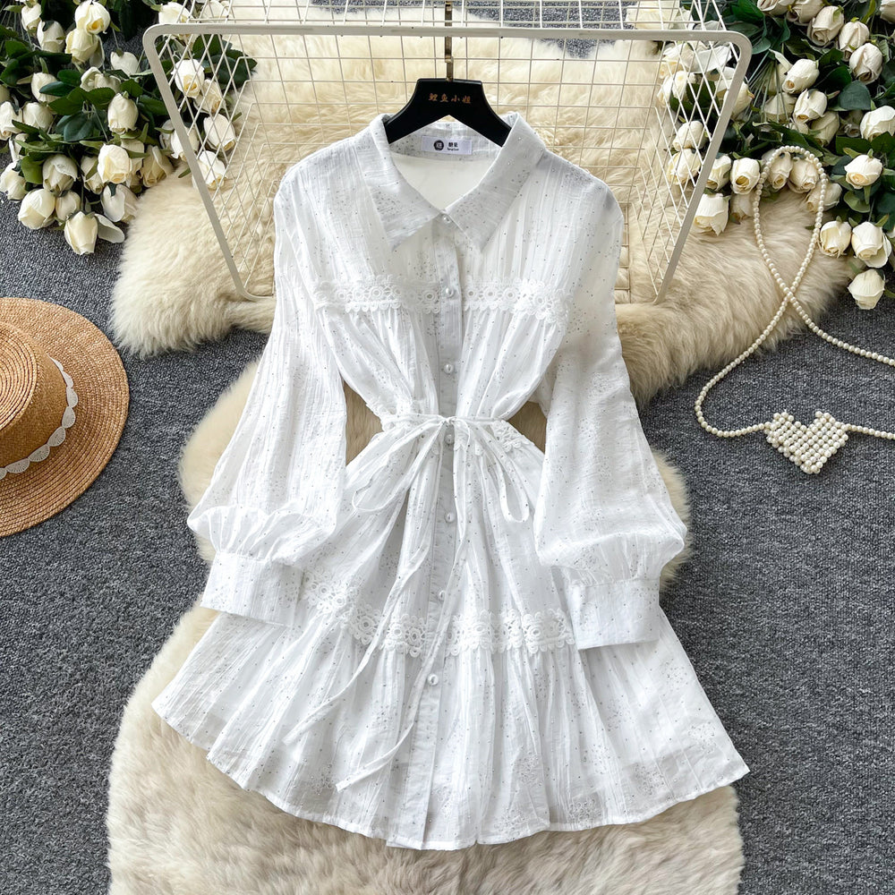 Frenchretro lapel strap waist dress women's spring autum mint green lacepatchwork a-line skirt work clothing