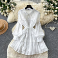 Frenchretro lapel strap waist dress women's spring autum mint green lacepatchwork a-line skirt work clothing