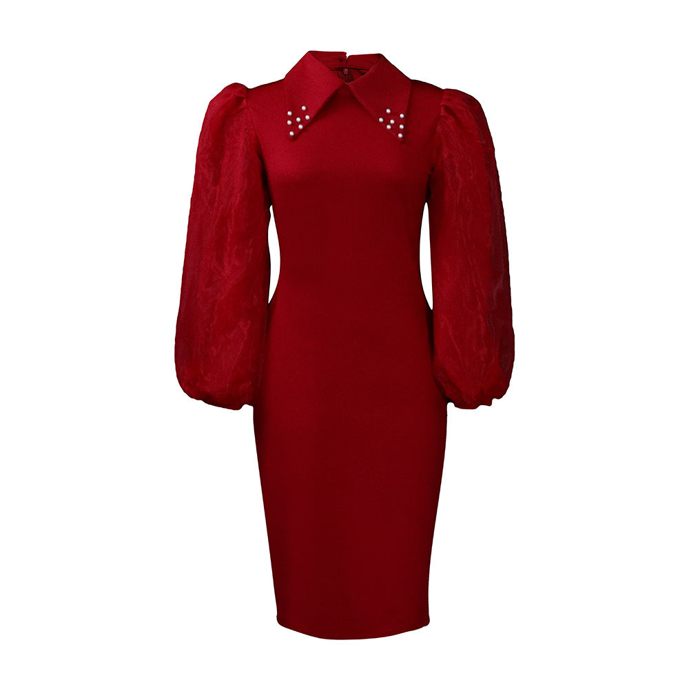 D307 european and american style women's spring/autumn long sleeve plus size bodycon beaded mesh panel commuter pencil skirt foreign trade dress