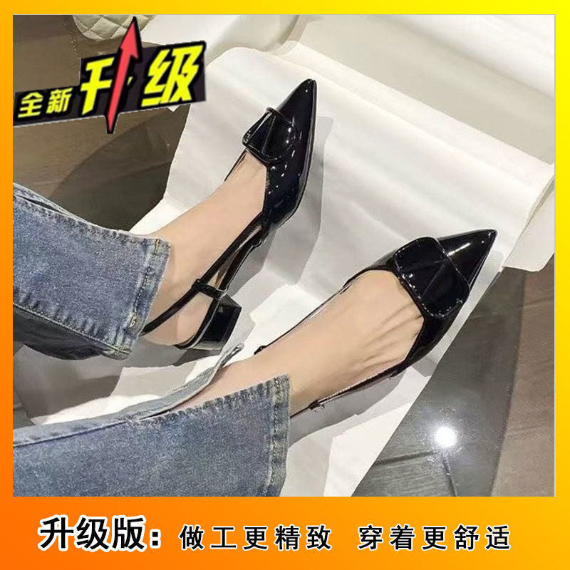 Chunky heel open-back sandals 2025 spring/summer french style single shoes patent leather with skirt nude low-cut closed-toe ankle strap high heels trendy
