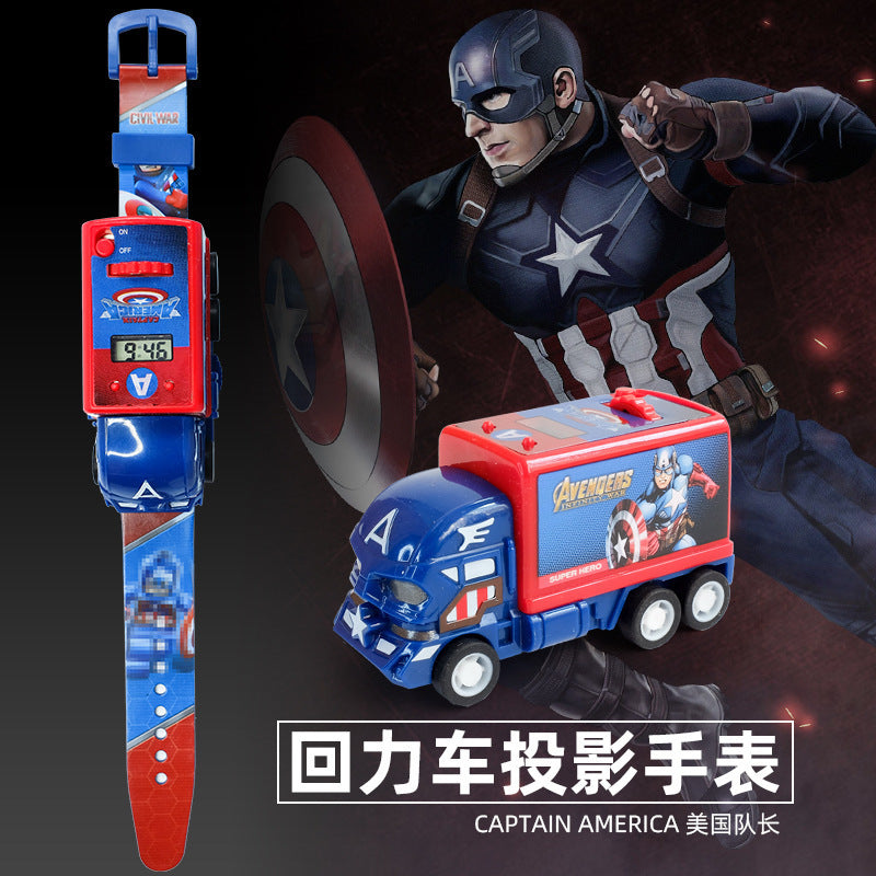 Kids' spider-man inertia pull-back car projector watch - luminous electronic watch gift for preschool and elementary school students