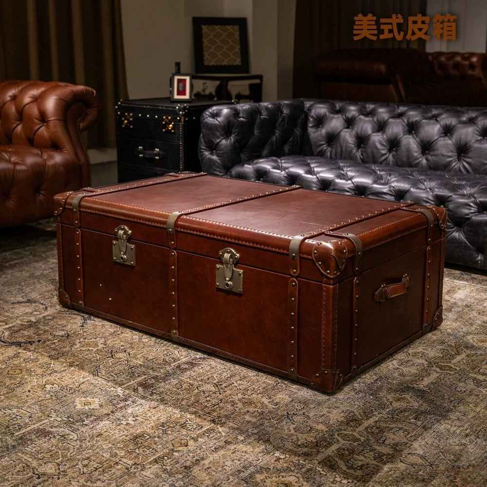 French retro oil wax leather art coffee table medieval designer coffee table cigar bar whiskey club floor box