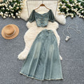 Summer outfit set for women: chic square neck puff sleeve cropped denim top + high-waisted flared midi skirt