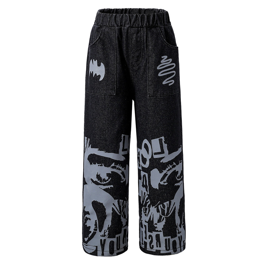 kidsjeans black stylishprinting veneer loose pants elastic pants american girlstraight-leg pants