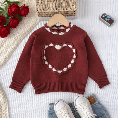 Girls' korean style sweater - new autumn/winter sweet 3d heart top - christmas baby girl round neck knitted long sleeve sweater