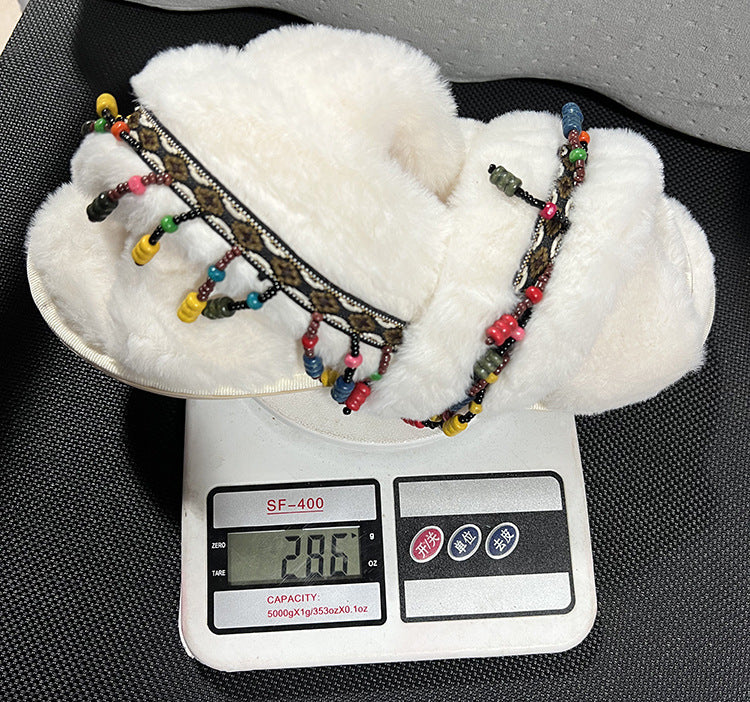 2024 winter new arrival: criss-cross soft sole ethnic style fuzzy slippers for women, plus size export flat bottom warm cotton slippers