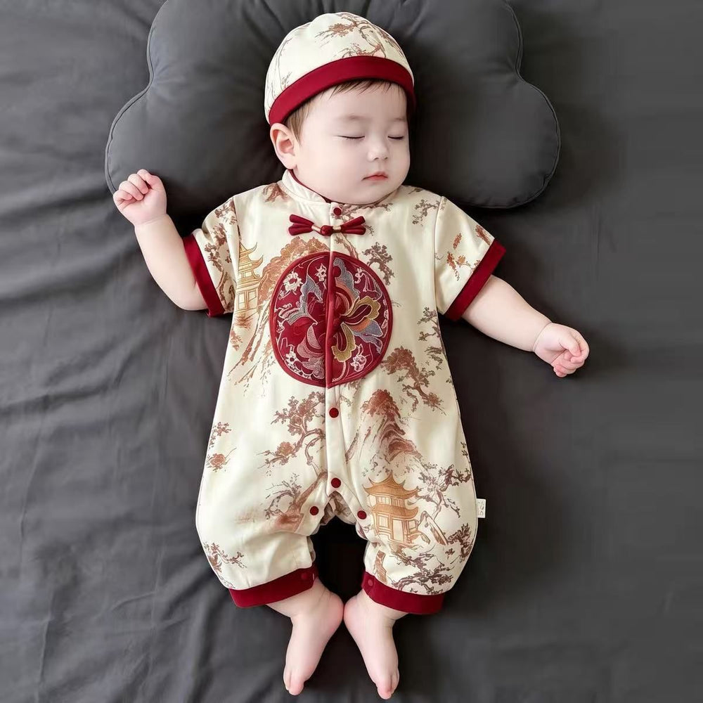 Summer thin one-piece new chinoiserie infant male and female baby chinese style heavy industry chinese ancient style khaki outwear crawling clothes summer
