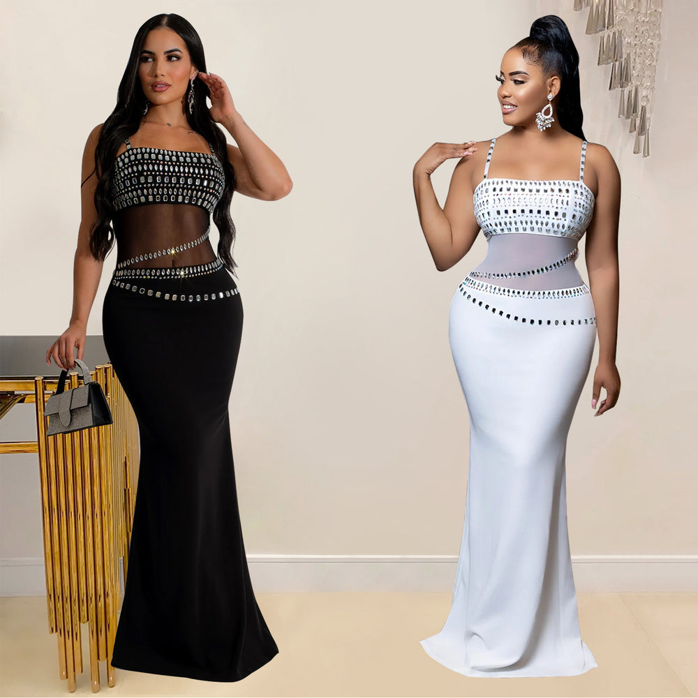 C6989 cross-border   independent station fashionable women's hot diamond mesh dress long skirt new