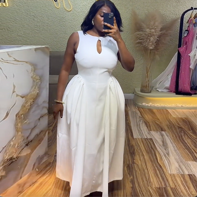 European and american cross-border women's fashion:  spring new arrival - elegant round neck, hollow-out sleeveless, white high-waisted slimming dress