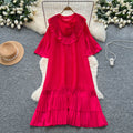 European and american niche style heavy beaded 3d floral flared sleeve dress - women's loose fit slimming a-line pleated maxi dress