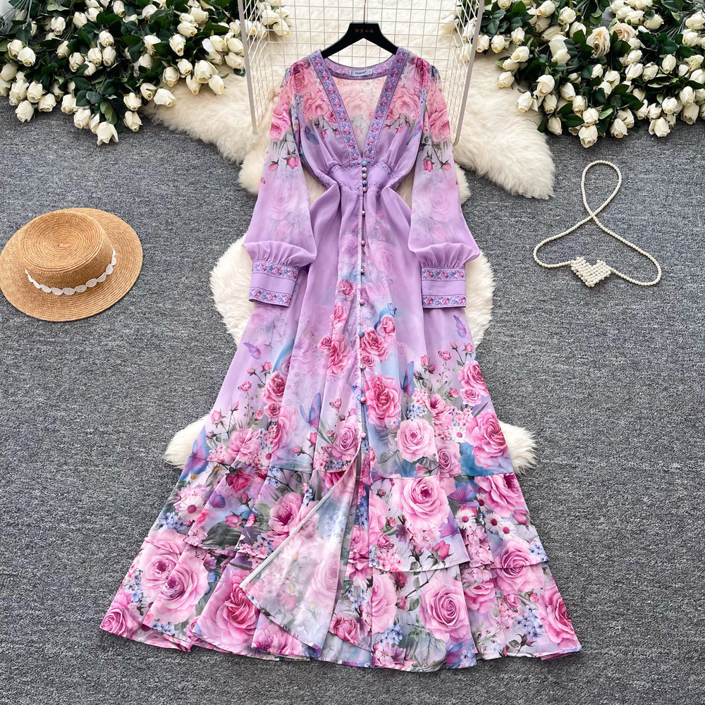 French riviera floral print flared sleeve dress - women's long sleeve tie-waist a-line maxi dress - elegant & chic