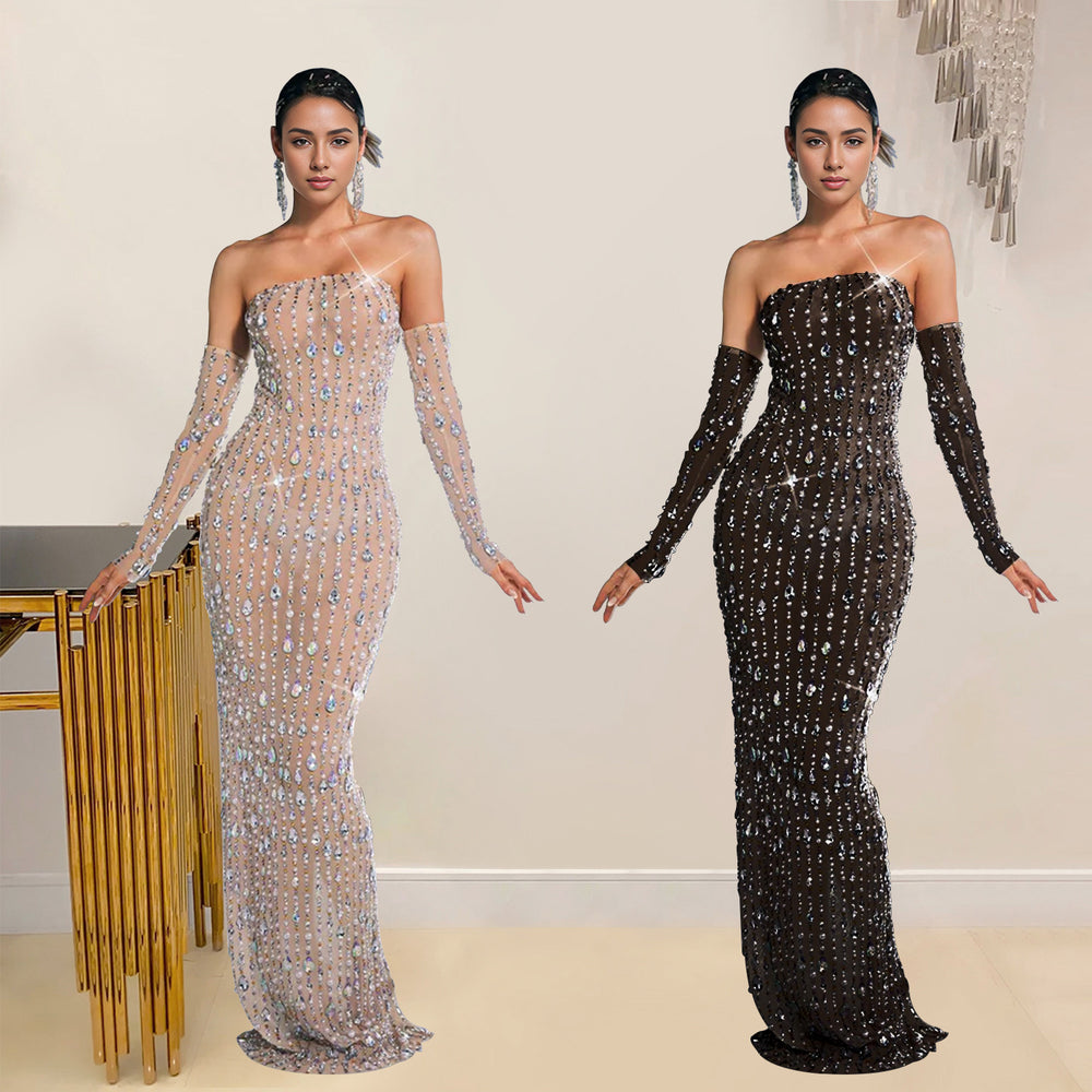 C7021 cross-border   independent station fashionfashion women's hot diamond one-line skirt dress long skirt