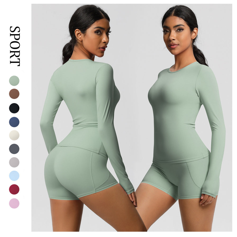European and american solid color slim-fit long sleeve t-shirt yoga outfit set - high-waisted, barely-there feel, quick-dry activewear two-piece set for running and fitness