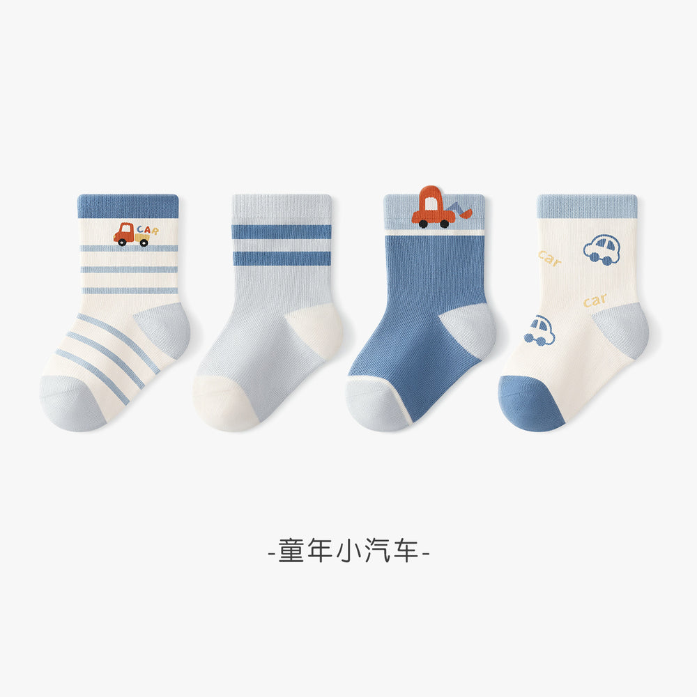 Babibele baby socks, 4-pair pack, mid-calf length, combed cotton, seamless, cartoon design, non-restrictive, unisex baby socks
