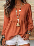 Export holiday style doll textured linen round neck cuff long sleeves pleated hem loose pullover shirt