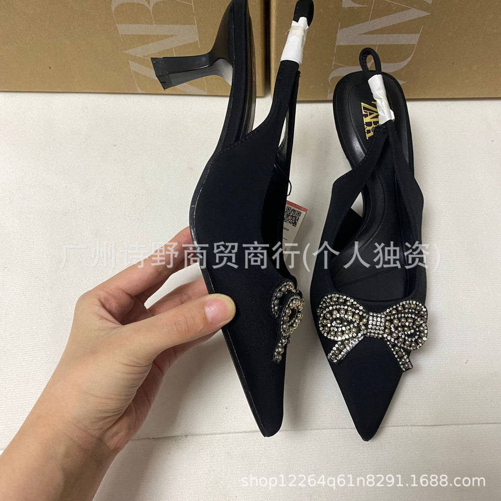 Za2022new arrival sandals women's high heels pointed toe back strap bows rhinestone chain bright decoration stiletto flats women's shoes