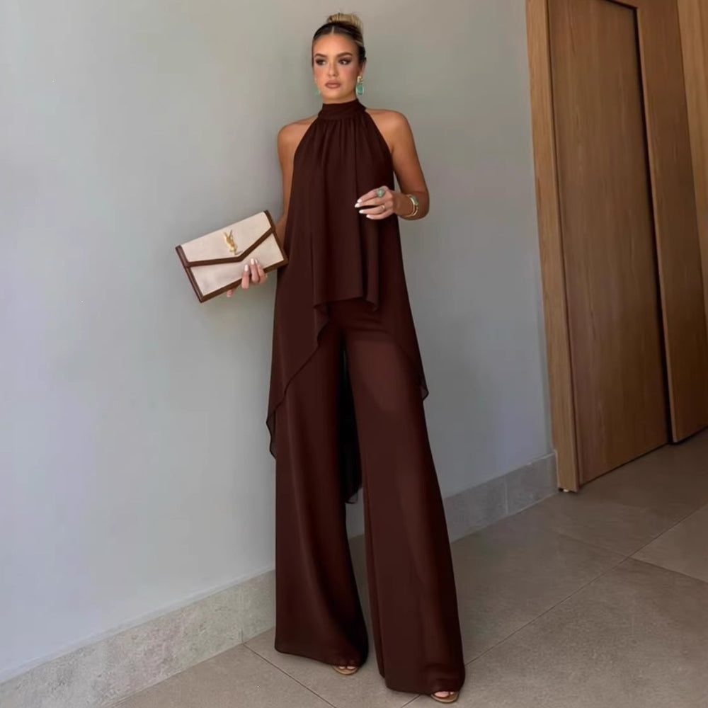 Independent station fashion cross-border  summer fashioncasual asymmetrical sleeveless elegantpure color pants suit women's clothing