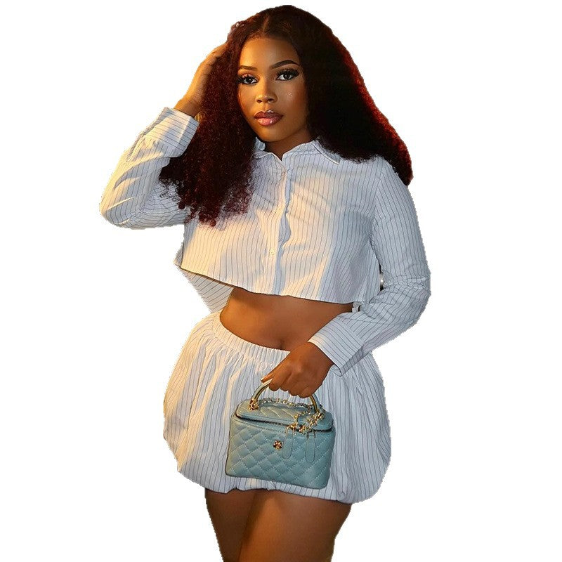 European and american cross-border women's fashion:  autumn new collection - stylish notch lapel striped long sleeve blouse and high-waisted midi skirt set