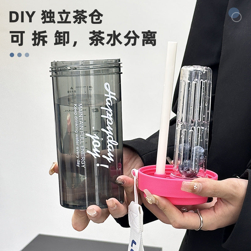 Simple and stylish floral tea cup, food-grade plastic tea infuser bottle, portable and heat-resistant straw cup for men and women, perfect for outdoor use