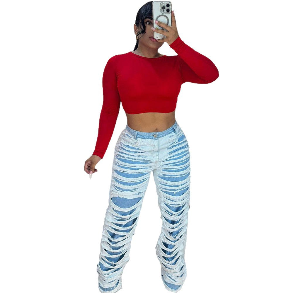 European and american style straight-legjeans  cross-border export women's clothing fashion double-layer washed and worn casualpants