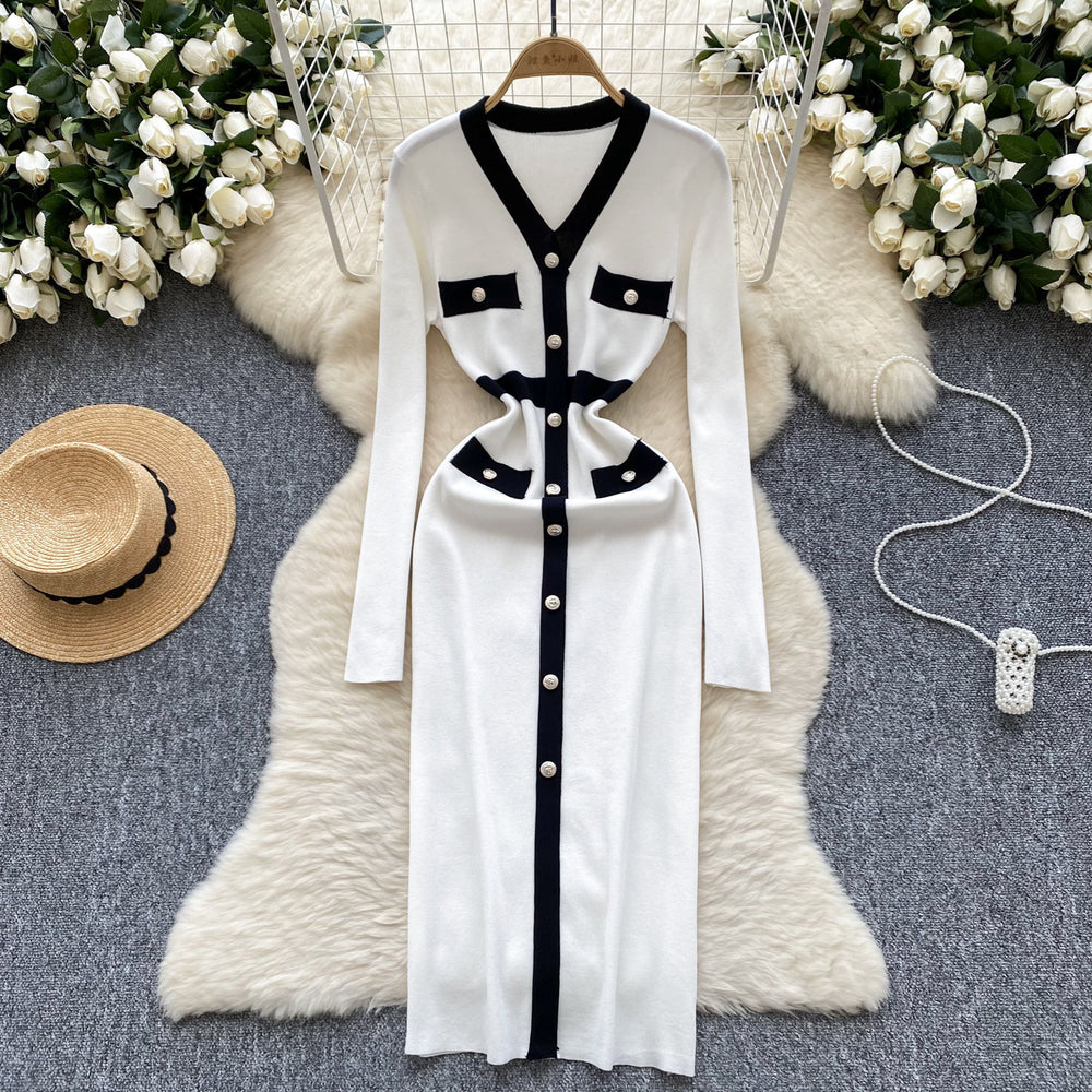 autumn new arrival: women's knitted dress - chanel-inspired retro color block v-neck knit dress with metal buckle waist detail and slim fit