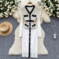 autumn new arrival: women's knitted dress - chanel-inspired retro color block v-neck knit dress with metal buckle waist detail and slim fit