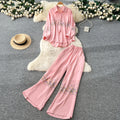 High-end embroidered floral shirt and wide-leg pants set - elegant two-piece outfit for women, new spring collection, commute-friendly, stylish and versatile