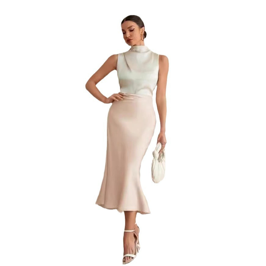 spring new european and american style satin bodycon midi skirt - solid color satin fitted mermaid skirt