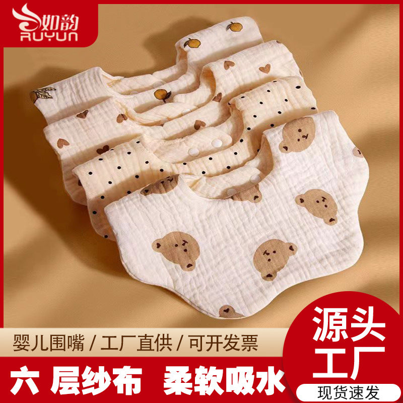 Gauze pure cotton baby saliva towel baby newborn six-layer eating bib cartoon water-absorbent anti-fouling bib wholesale