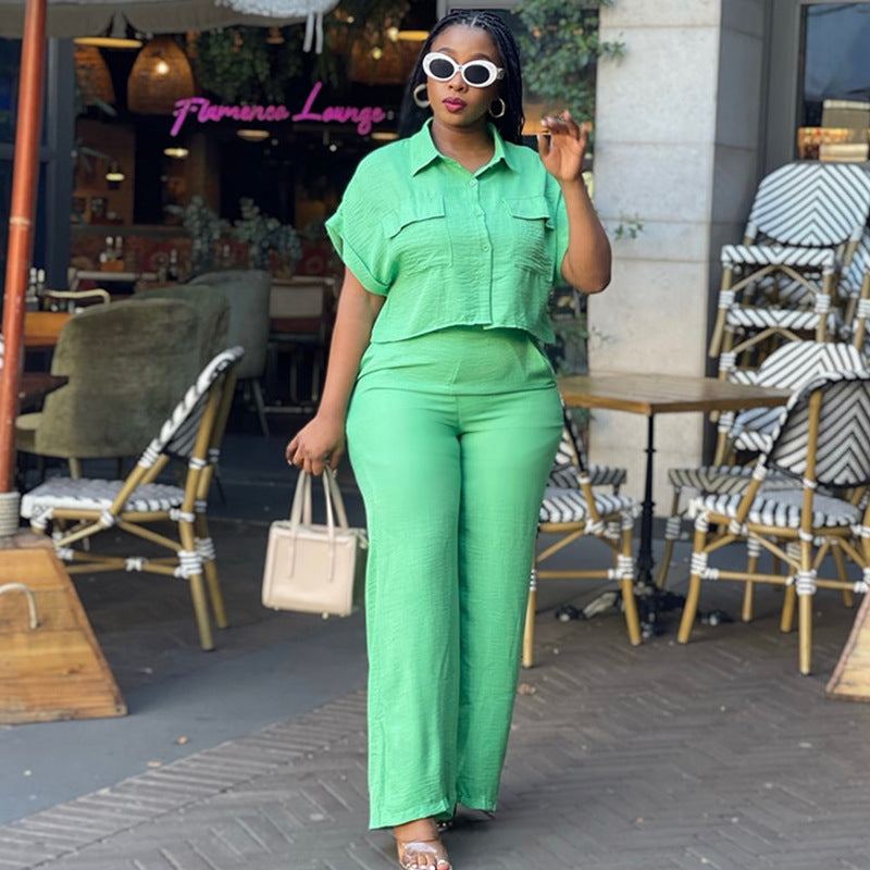 Ready-to-ship cross-border women's apparel for europe and the us:  summer new arrivals, solid color collared short-sleeve shirt and wide-leg pants casual set