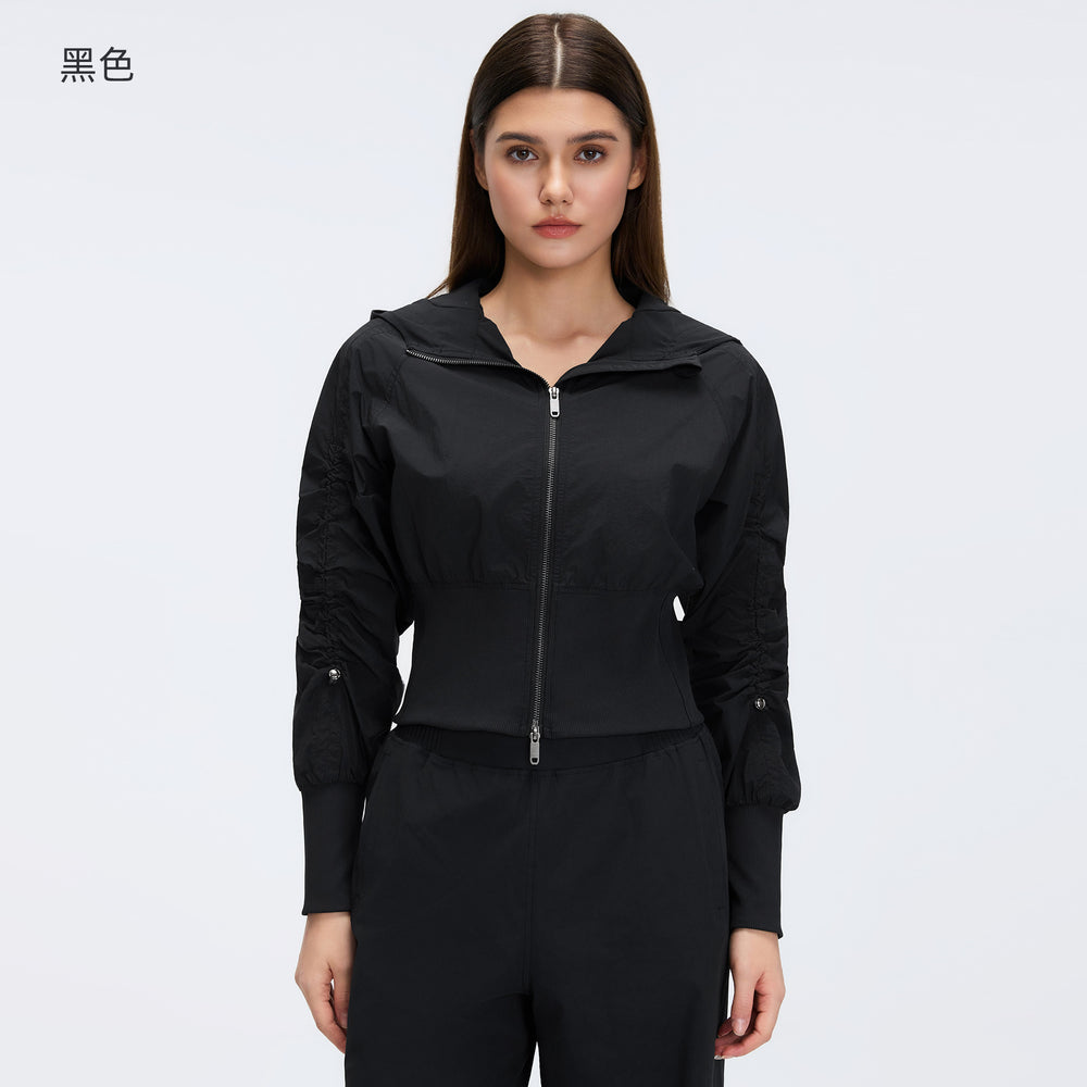 Pleated waist slimming cropped jacket - windproof zip-up outerwear - women's casual hooded cardigan - activewear top d26002