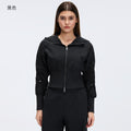 Pleated waist slimming cropped jacket - windproof zip-up outerwear - women's casual hooded cardigan - activewear top d26002