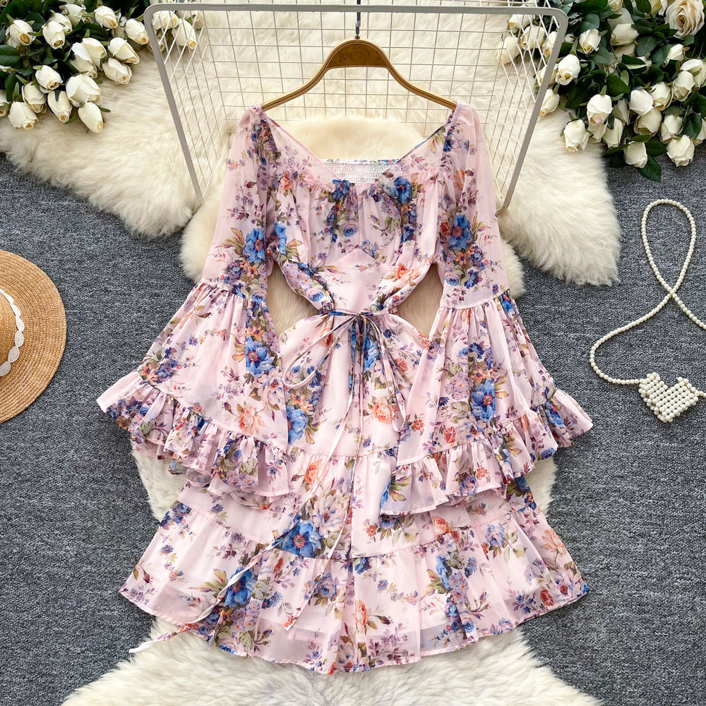 French romantic floral flared sleeve dress - women's spring/autumn cinched waist slimming tiered dress - elegant vacation style