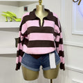 European and american cross-border women's spring  new arrival: casual turn-down collar color block striped loose fit polo shirt long sleeve top