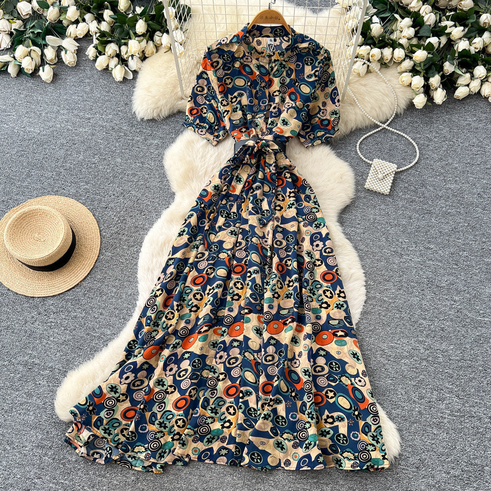 Vintage print a-line dress - women's summer short sleeve, slim fit, elegant long dress