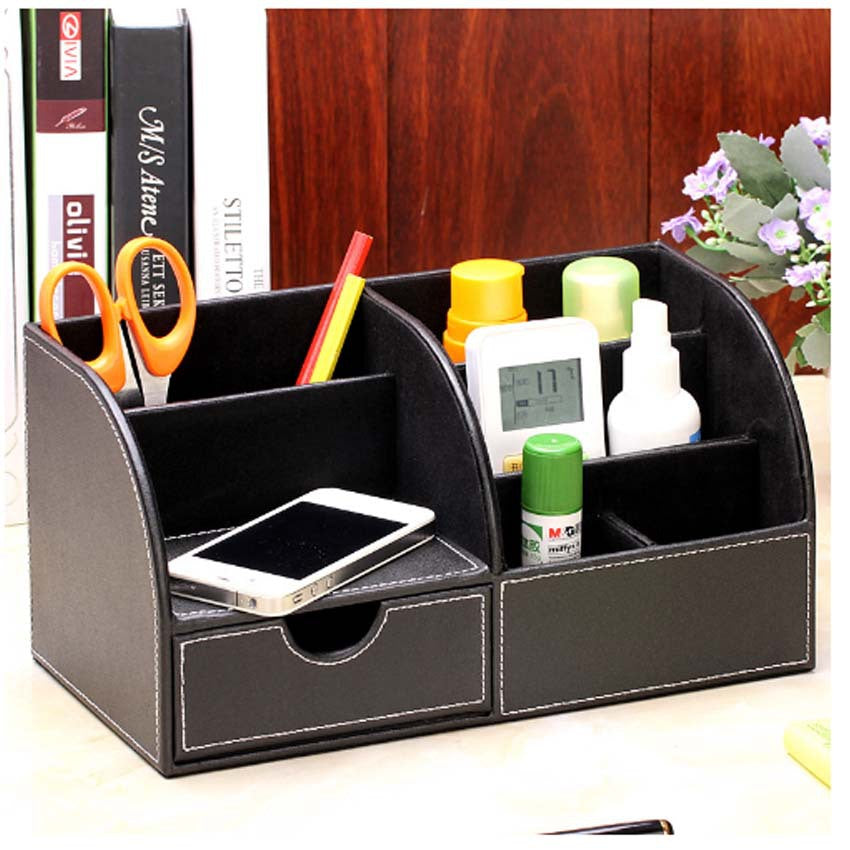 Desktop office storage box Organizer business card box, household with drawer finishing box Creative leather pen holder