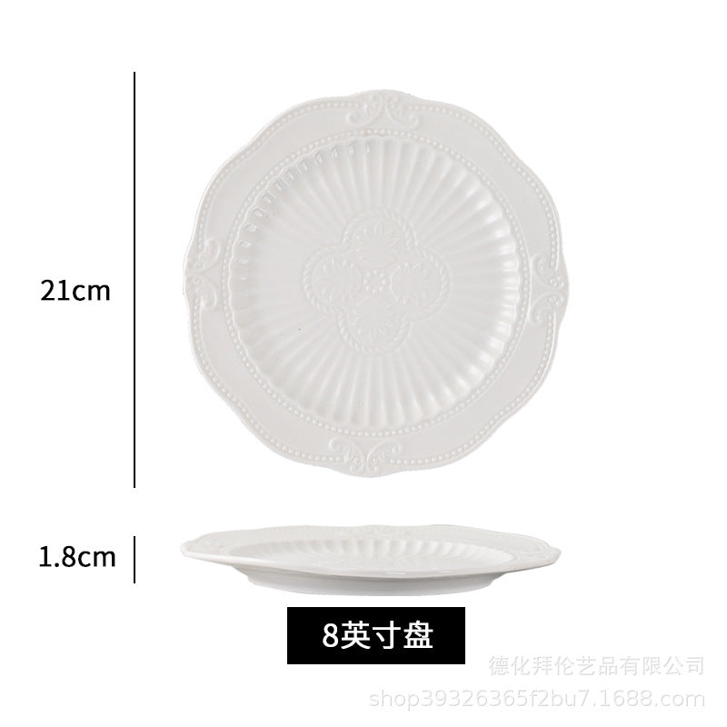 European-style pure white dessert plate, three-tier fruit platter, modern showroom display, creative embossed ceramic plate wholesale