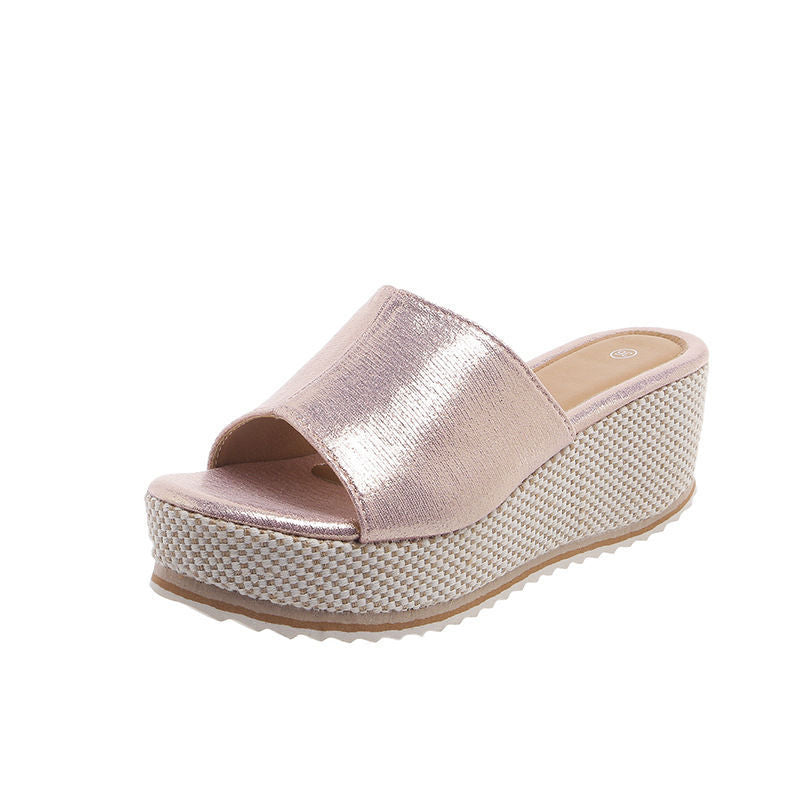 Thick sole high heel slippers for women  summer new arrivalfashion style one-shaped women's pure colorplus size wedge heel slippers