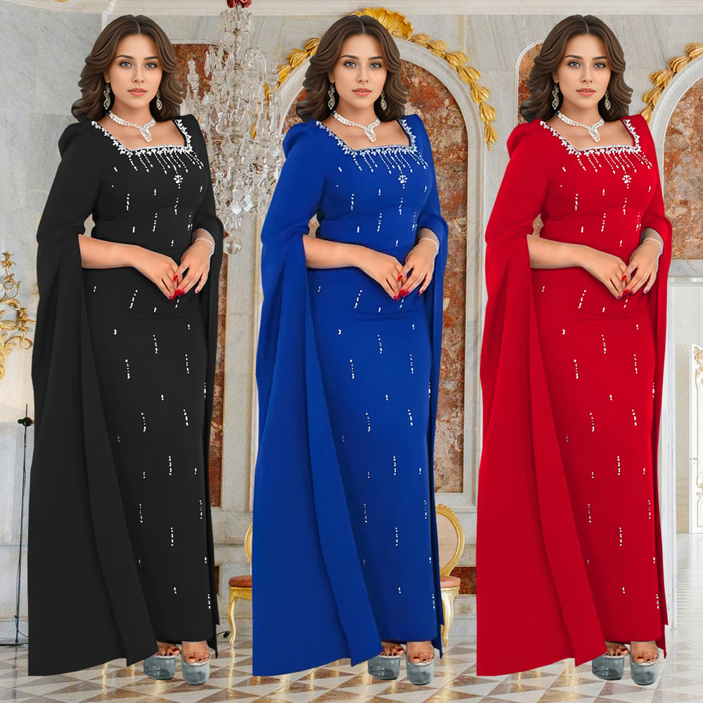 C7259 cross-border   fashion women's back-slit cape sleeve rhinestone embellished elegant dress