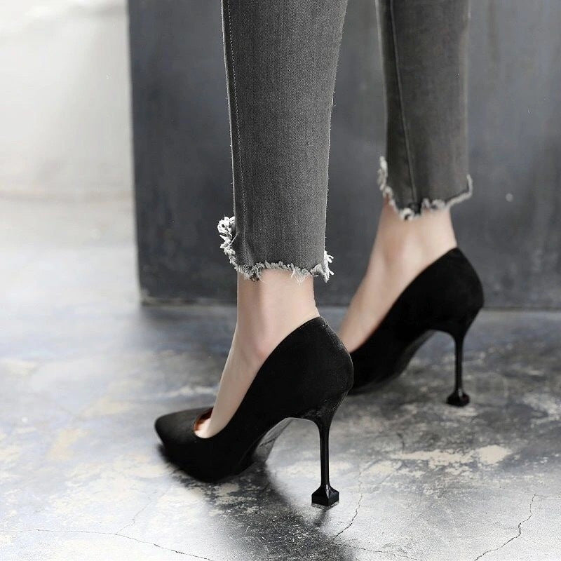Women's high heels - spring/autumn 2023 collection: pointed-toe stiletto heels, black professional work shoes, mid-heel, college student etiquette flats