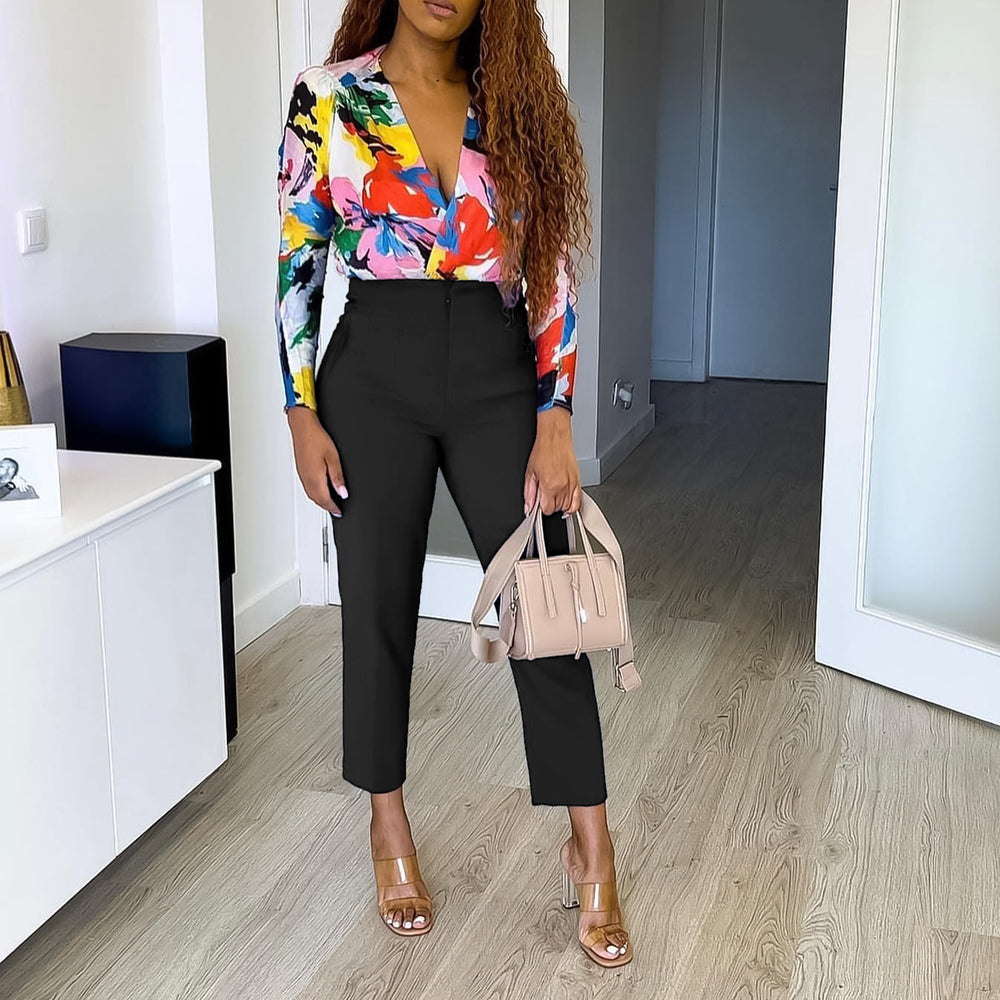 D423 european and american style plus size  fashionable elegant casual slimming high waist trousers solid color african professional pants