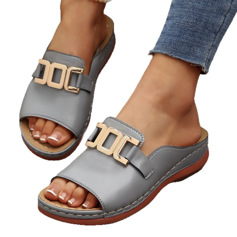 Southeast asia export buckle wedge open toe flip flops women's cross-border large size metal buckle fish mouth beach sandals