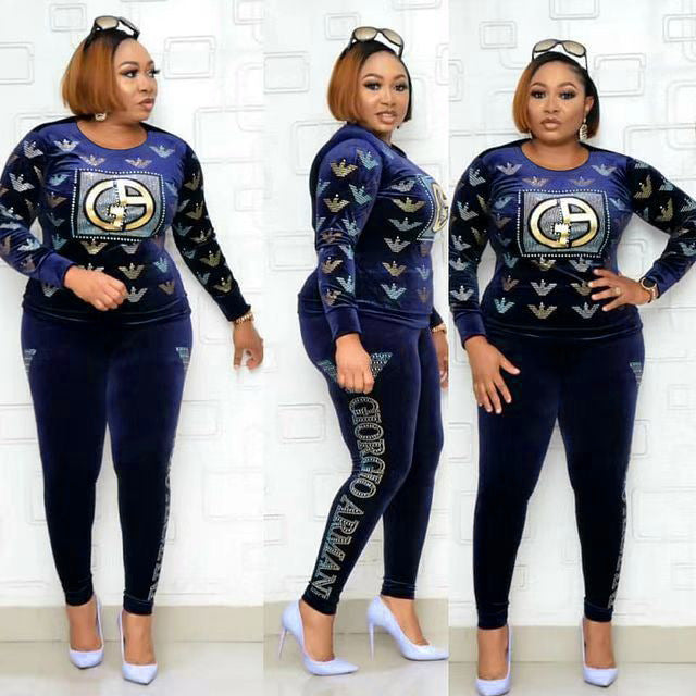 new winter collection: african-inspired hotfix rhinestone & beaded letter long sleeve tee + pencil pants fashion casual two-piece set