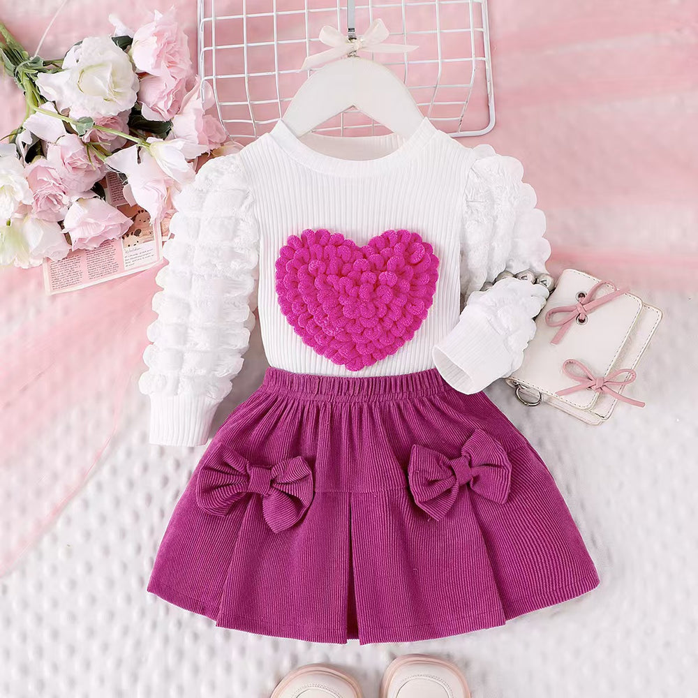 Children's clothingnew girl sweatshirt hearttops+pink bell bottoms two-piece set