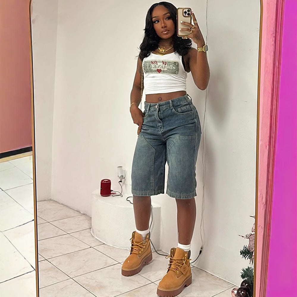European and american cross-border women's fashion  women's casual denim shorts summer retro loose washed straight-leg denim shorts