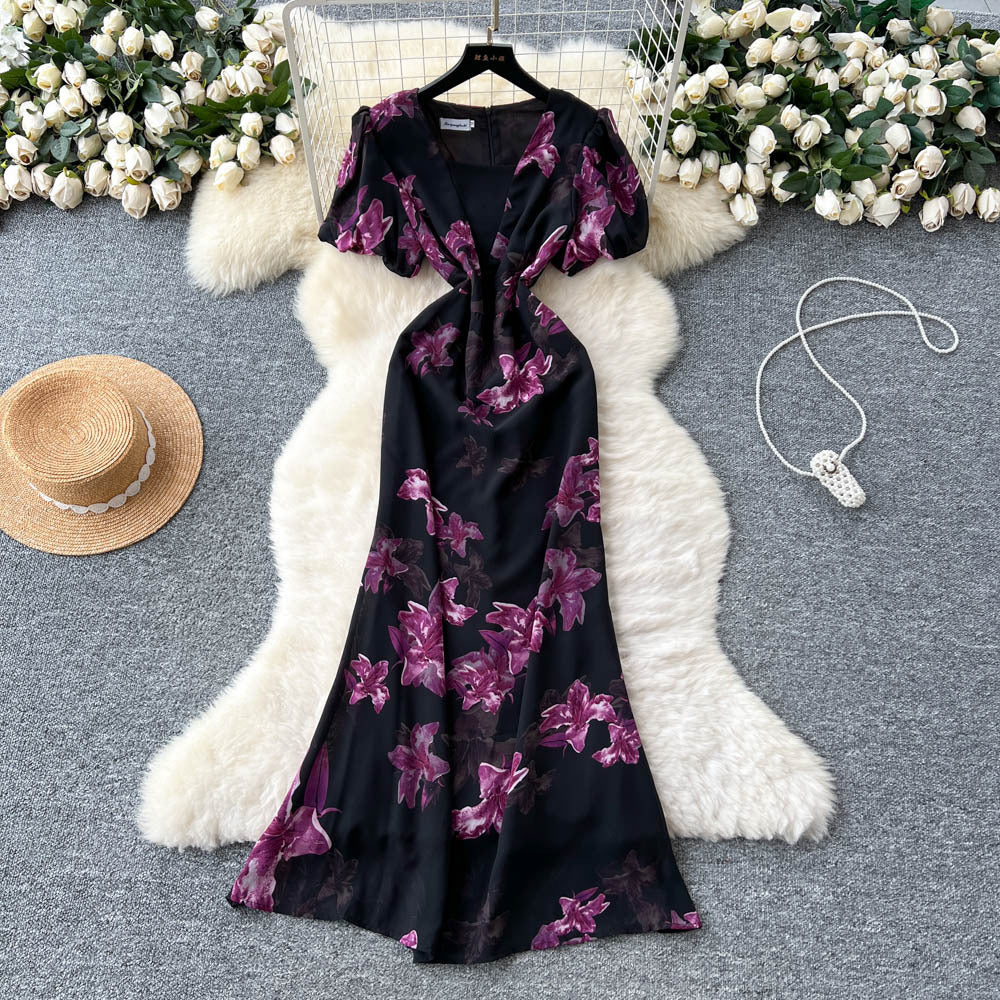 French romantic print bubble sleeve dress - women's summer mesh panel slim fit mermaid maxi dress