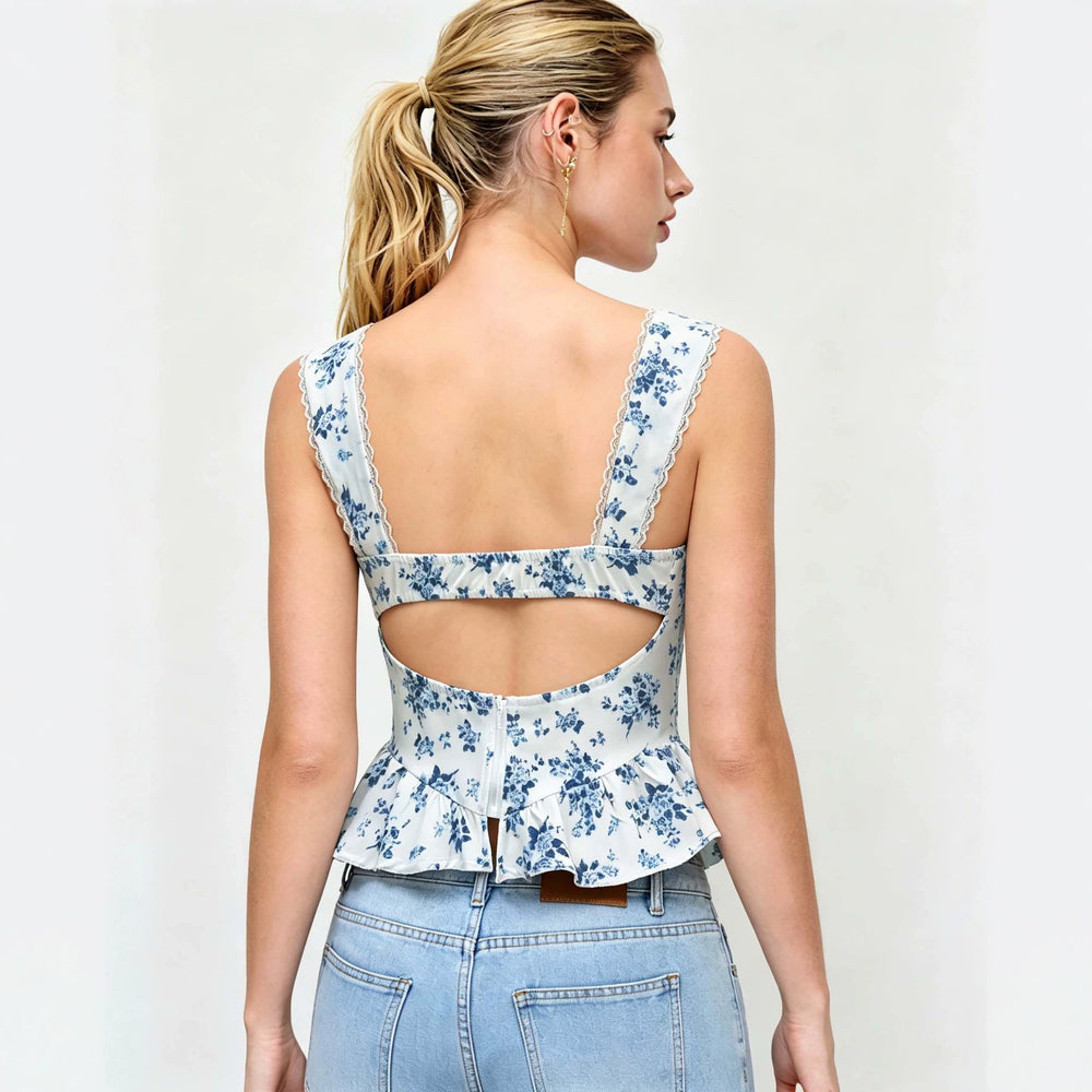 summer new arrival: white floral print cami top with lace trim, open back, and ruffle detail – perfect for vacation, date night, or a spicy summer look