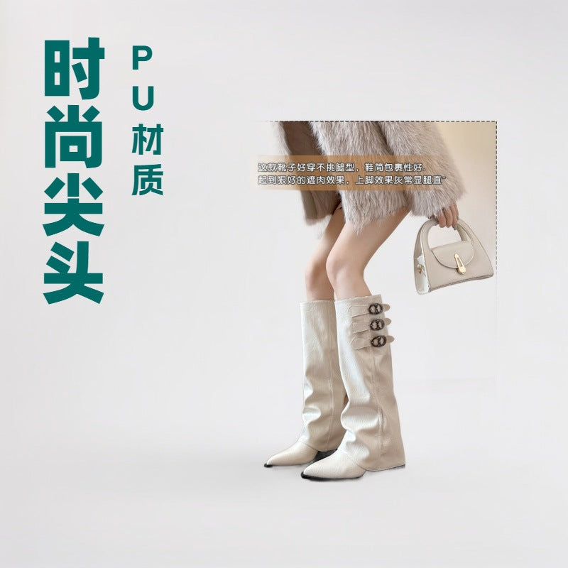 French pointed toe hidden heel knight boots belt boots wedge heel trousers fall and winter legs super high heel over the knee fashion boots